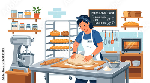 Baker Kneading Dough in a Bakery.