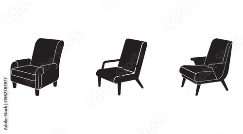 Three black armchairs with white outlines on white background  modern furniture design  armchairs for living room