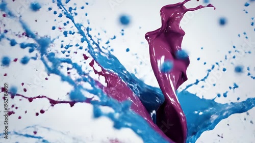Dynamic fluid splash with vibrant cyan and magenta hues, captured in mid-air