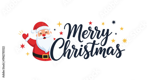 Festive greeting card design with a cute illustration of Santa Claus waving next to the stylish black text merry christmas and stars.