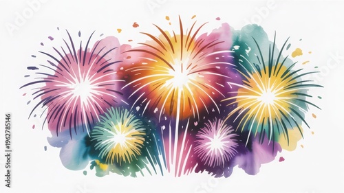 A vibrant and celebratory display featuring multiple bursting explosions of light that fill the space with a spectrum of brilliant colors ranging from deep purple and magenta to bright yellow and teal