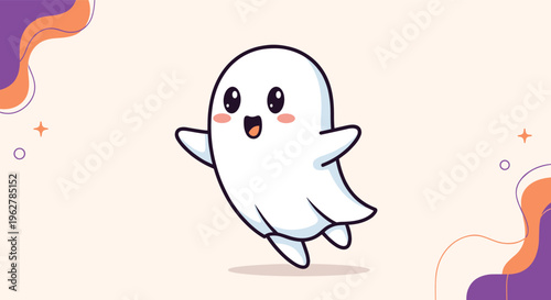 Cute and cheerful cartoon illustration of a happy white ghost character jumping joyfully in the air with its arms outstretched.