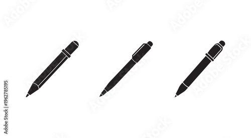 Three black ballpoint pens with white outlines in different positions on white background  office supplies