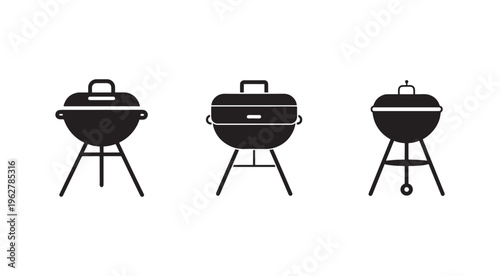 Three black barbecue grills with lids on stands in different designs for outdoor cooking and grilling food  various barbecue grill designs