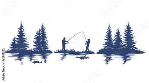 Silhouette of two men fishing in a lake surrounded by trees. Reflections in the water