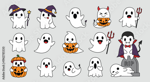 Large set of diverse Halloween character icons features cute ghosts in various poses and costumes including a witch and vampire.