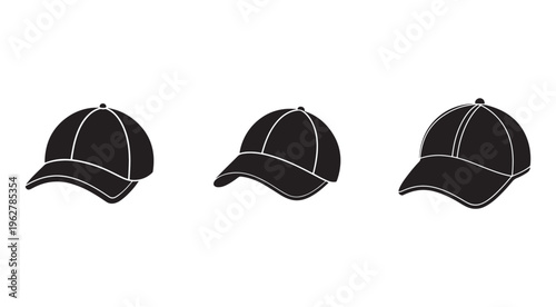 Three black baseball caps with white outlines in different positions  isolated on white background