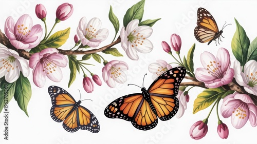 A serene and breathtaking landscape composition featuring delicate pink and white cherry blossom flowers blooming gracefully on slender branches intertwined with vibrant green leaves that provide a na