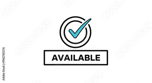 Simple black and blue available icon features a circular checkmark above the word available enclosed in a rectangular frame.