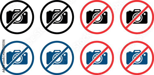 No photography allowed icons set with various camera symbols and colors