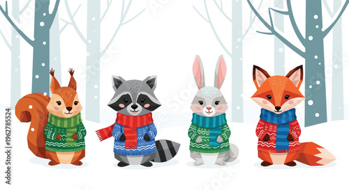 Squirrel, raccoon, rabbit, and fox stand together wearing festive knitted sweaters and scarves in a snowy forest landscape.
