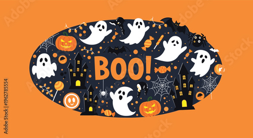 Colorful Halloween graphic features the word BOO in large orange letters surrounded by ghosts, pumpkins, bats, and haunted houses.