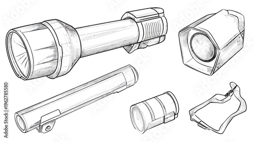 Five sketch renderings of various flashlight-like shapes and sizes, in black and white