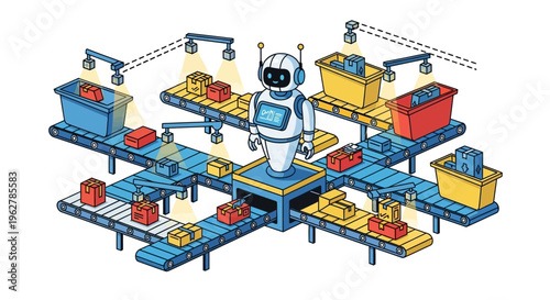 Automated Robot Working on a Futuristic Assembly Line.
