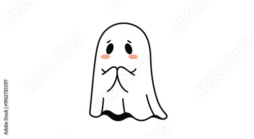 Cute little white ghost with pink cheeks and big eyes has a sad or pleading expression with its hands held together in front.