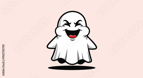 Happy white ghost character laughs heartily with closed eyes and an open mouth to create a friendly and festive Halloween icon.