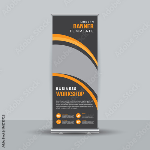 Modern Business Workshop Roll Up Banner Template with Yellow Accents