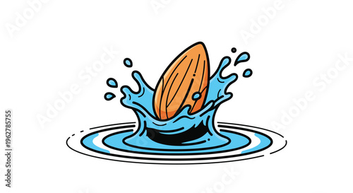 Dynamic illustration shows a brown almond nut splashing into blue water to represent freshness and natural almond milk products.