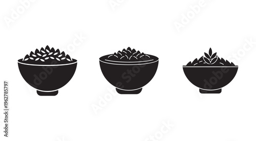 Three black bowls of food  bowls with different types of food  food icons  bowls with food  black food bowls