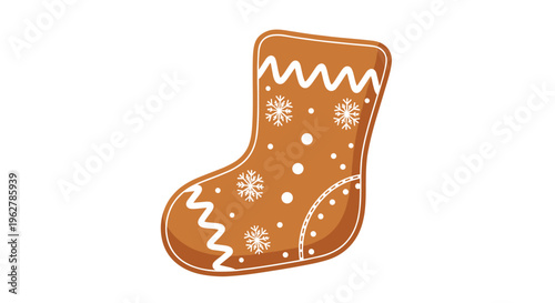 Gingerbread cookie in the shape of a festive Christmas stocking is decorated with white icing snowflakes and wavy patterns.