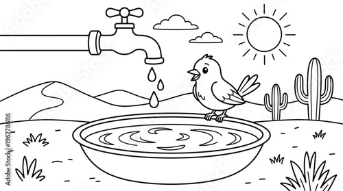 Thirsty Bird at Dripping Faucet in Desert. Water Conservation Coloring Page. Drought Awareness Line Art for Kids.