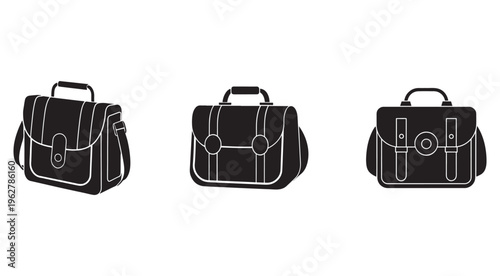 Three black briefcases with white outlines in different orientations and designs for business or professional use  office bags with handles and straps