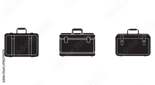Three black briefcases with white outlines in different styles and shapes  isolated on transparent background