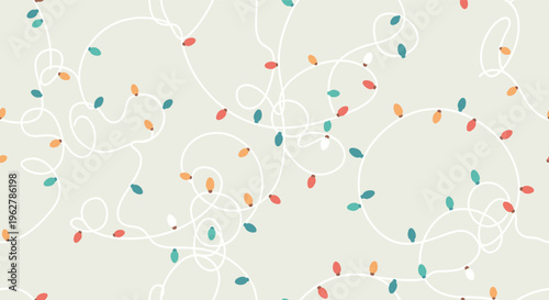 Seamless holiday background pattern featuring tangled strings of colorful Christmas lights on a light grey background.