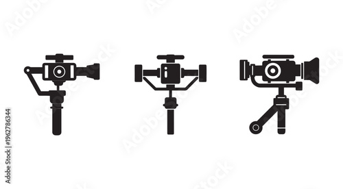 Three black camera stabilizers with different designs on white background for video production and photography equipment  handheld gimbal stabilizers for smooth footage