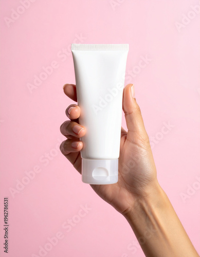 Close-up of a hand holding a white blank squeeze tube mockup against a solid pink background. Bright lighting, minimalist aesthetic, perfect for skincare or cosmetic product placement
