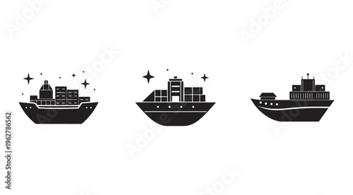 Three black cargo ships with containers on deck and sparkles around them sailing on water  cargo ship icons