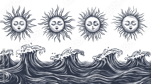 Black and white illustration with radiant sun faces and ocean waves