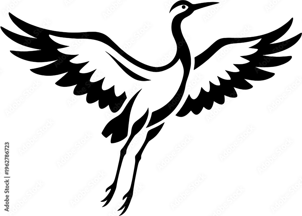 Fototapeta premium Elegant flying crane outline soars gracefully upward on deep black ground.