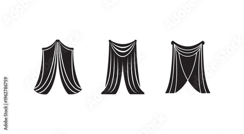 Three black curtain icons in different styles for presentations and theatrical designs  isolated on white background