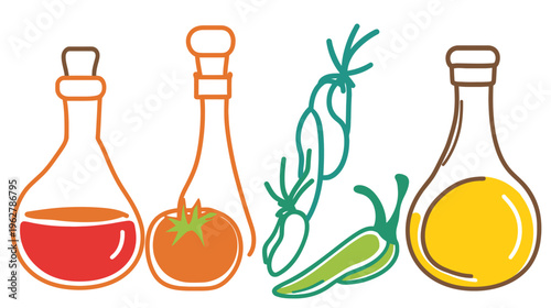 Colorful vector illustration of various kitchen ingredients, including oil, tomato, and peppers