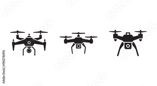 Three black drone silhouettes with different designs and camera equipment flying in the air with propellers and landing gear  drone technology