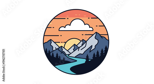 Mountain Landscape Icon With River.