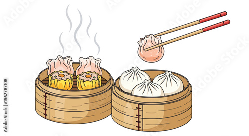 Steamed dumplings in bamboo steamer baskets.