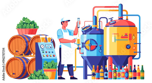 Brewery worker inspecting craft beer production equipment.