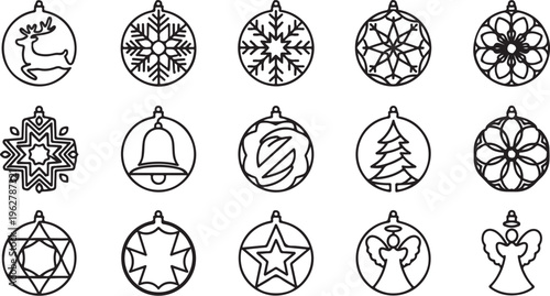 Christmas ornaments and decorations in black and white line art