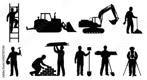 Construction workers laborers and machinery.