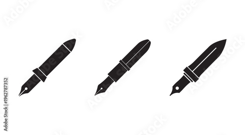 Three black fountain pen nibs and holders in different angles  writing instruments for drawing and calligraphy