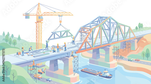 Bridge Construction Site with Workers and Cranes.