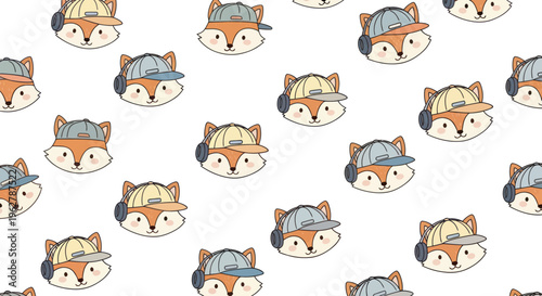 Cute cartoon fox faces with hats.