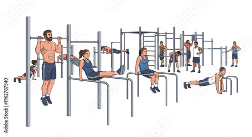 People doing various exercises outdoors.