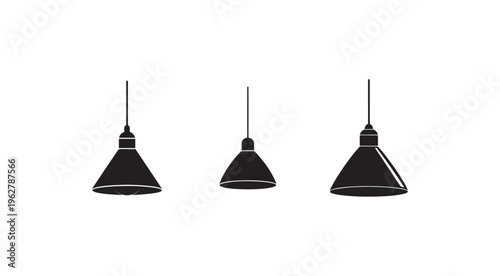 Three black hanging lampshades with cords and white lines  lighting fixtures  interior design elements