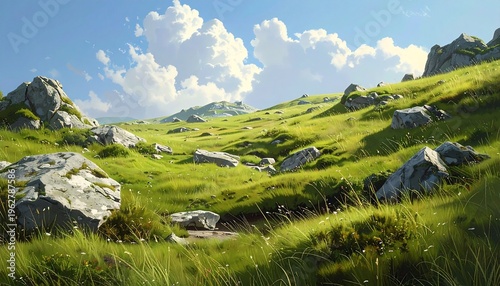 Sunlit rolling green hills with scattered rocks under blue sky and fluffy clouds