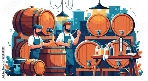 Brewery workers tending to barrels of craft beer.