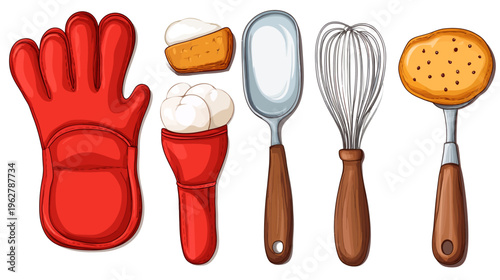 Colorful illustrated kitchen utensils oven mitt, baked goods, serving spoon, whisk, and spatula