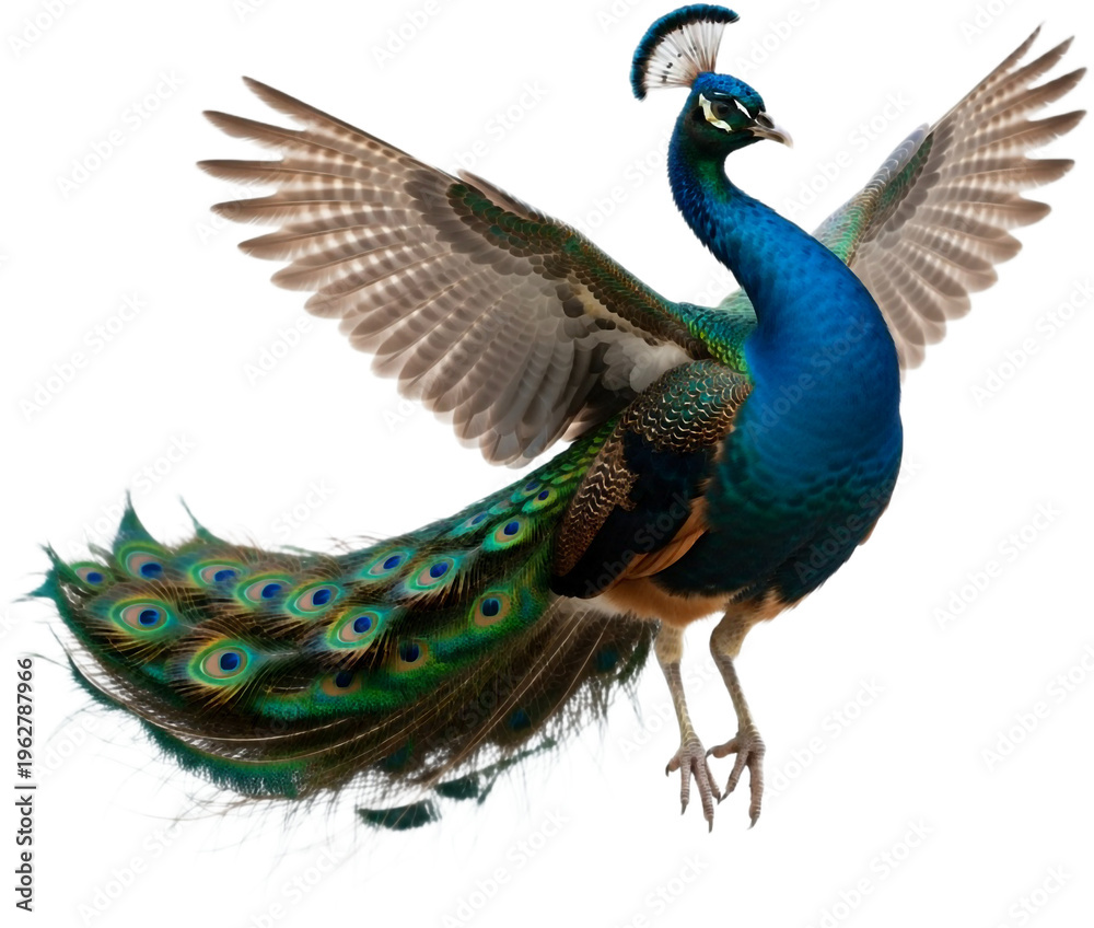 Fototapeta premium Majestic blue peacock soars in full flight trailing vivid tail feathers.